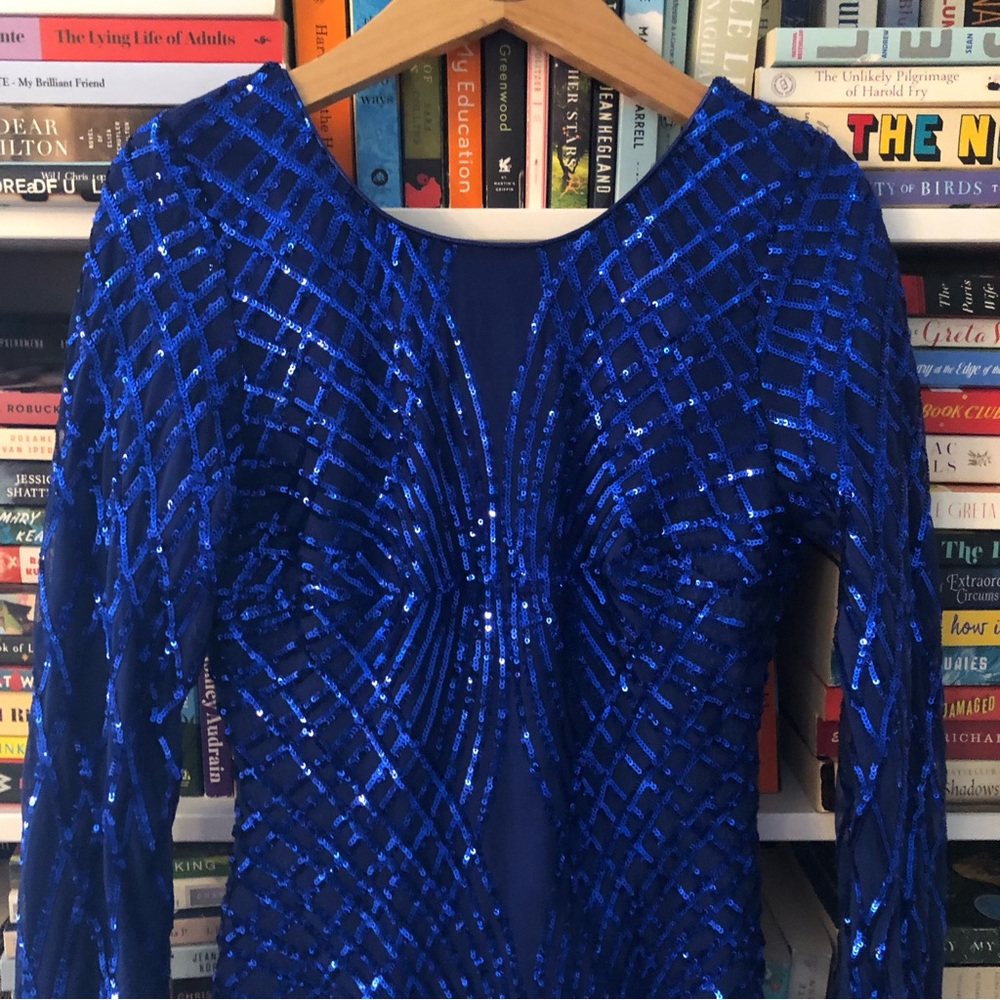 Windsor Blue sequin mini dress long sleeve Medium deep v back - Picture 1 of 7